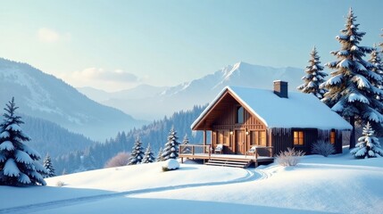 Fototapeta premium Serene Wooden Cabin nestled in a Snowy Mountain Winter Wonderland, offering peace and tranquility