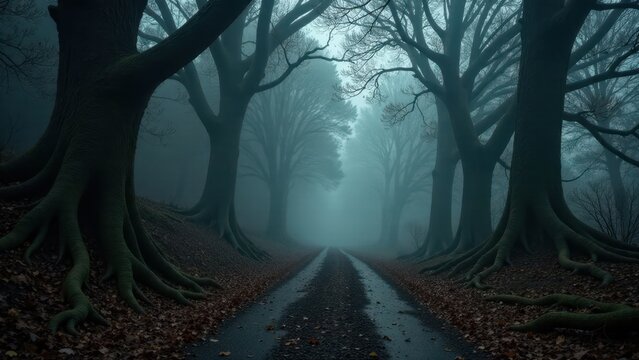 A Mystical Path Through an Enchanting Fog-Shrouded Forest of Ancient Trees with Exposed Roots