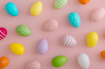 Creative Easter pattern composition made with colorful Easter eggs on light pastel pink background. Minimal Easter concept. Spring festive holiday pattern background. Flat lay, top of view.