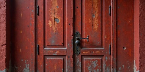 Fototapeta premium A weathered, reddish-brown double door with a dark metal handle and aged hinges, showing signs of wear and discoloration, set within a slightly textured wall