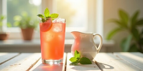 Fototapeta premium Refreshing Summer Citrus Beverage with Ice and Mint Garnish on a Sunny Table