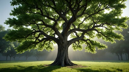 Majestic ancient oak tree in a sunlit clearing, its broad branches reaching towards the sky, casting shadows on the vibrant green grass.