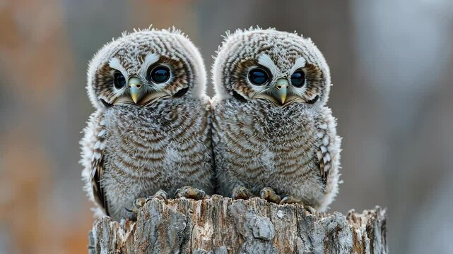 Two adorable, fluffy owlets perched closely on a tree stump in a serene environment.