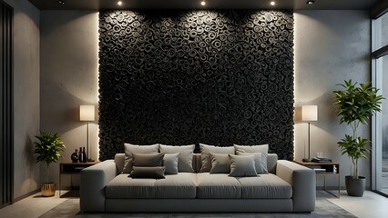 Modern living room interior design with a grey sofa against a unique 3D wall. Stylish and sophisticated home decor.
