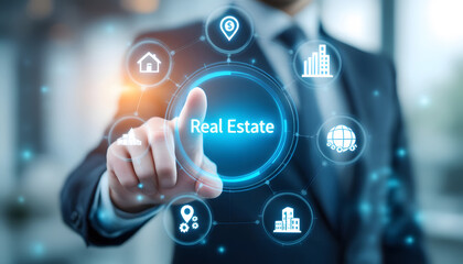 Modern Real Estate Concept, Hand Touching Digital Interface, Real Estate Technology, Digital Network and Property Icons, Real Estate Investment, Digital Interface with Property and Location Icons
