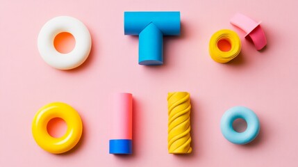 Fototapeta premium Colorful Paper Cutouts on Pastel Surface Arrangement