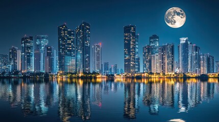 Fototapeta premium A vibrant city skyline at night, illuminated by moonlight and reflections on the water.