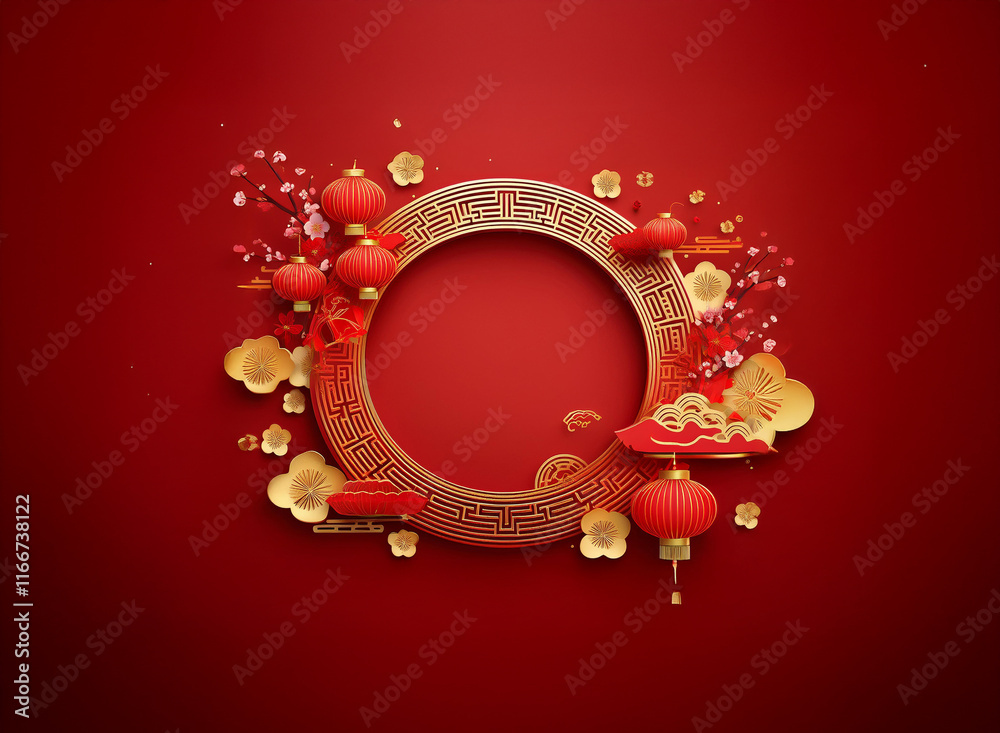 Canvas Prints A red circular frame adorned with ornate carvings is surrounded by festive Chinese New Year elements: lanterns, flowers, and auspicious symbols.  The rich red background enhances the celebratory mood.