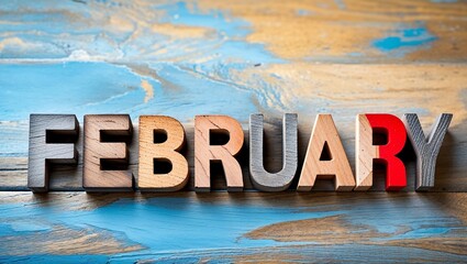 Hello February word abstract in wood type