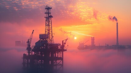 Silhouetted offshore oil and gas platform rig against a dramatic sky at sunset or sunrise with smoke stacks and industrial equipment in the seascape