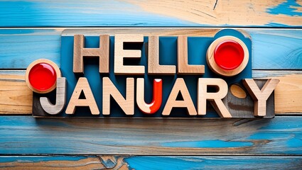 Hello January word abstract in wood type