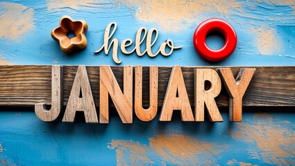 Hello January word abstract in wood type