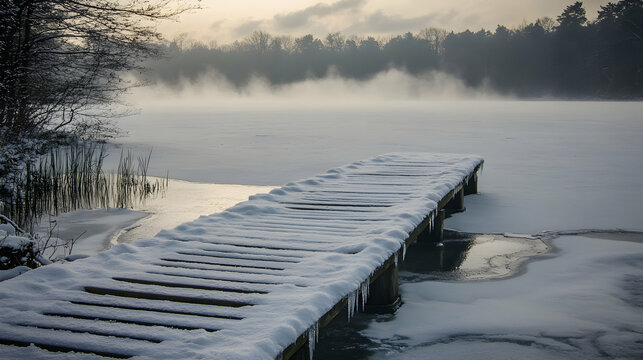 A snow-covered wooden dock extending into a partially frozen lake with mist rising in the distance