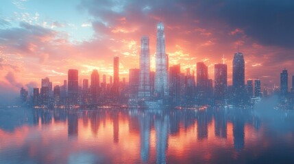 Fototapeta premium A vibrant city skyline at sunset, reflecting on water with a dramatic sky.