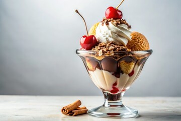 A delectable, ultra HD ice cream sundae, isolated, showcasing realistic textures and vibrant colors in high resolution.