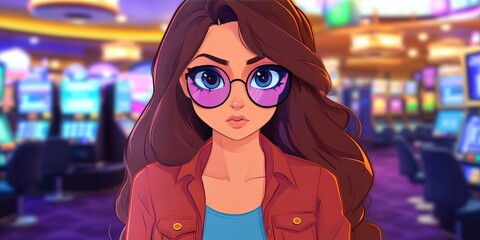 2D animation friendly young female tourist in a casino 