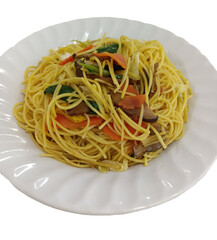 Vegetarian Stir-fried Noodles in white plate Isolated on white background
