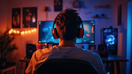 Young man playing video games at night in his room.