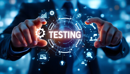 Software Testing Concept, Hand Interacting with Digital Interface, Digital Testing and Quality Assurance, Technology and Analysis