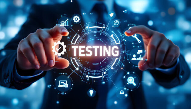 Software Testing Concept, Hand Interacting with Digital Interface, Digital Testing and Quality Assurance, Technology and Analysis