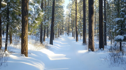 A snowy forest trail with tall pine trees on both sides and soft sunlight filtering through the branches