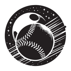 Softball Silhouette Vector Illustration, Solid White Background.