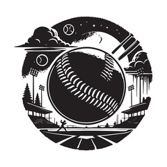 Softball Silhouette Vector Illustration, Solid White Background.