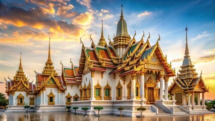 Naklejka premium Temple in Bangkok with intricate architecture and golden spires , Bangkok, Thailand, temple, Buddhist