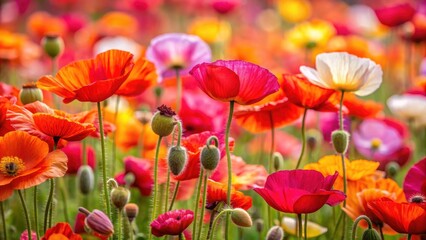 Vibrant display of blooming poppy flowers in various shades of red, pink, and orange, poppies, flowers, blooming, bright