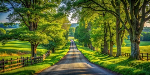 A scenic old country road surrounded by lush green trees and fields , rural, countryside, rustic, vintage, pathway