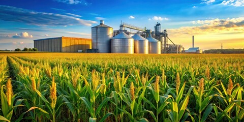 Vibrant corn field beside ethanol plant in rural setting, Agriculture, Farm, Crop, Corn, Field, Ethanol, Production