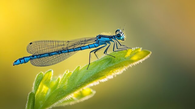 Azure damselfly perched on a vibrant green leaf against a soft yellow-green background.