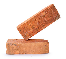 Side view of two old red or orange bricks isolated on white background with clipping path
