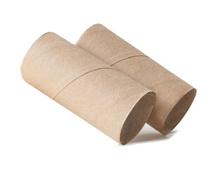 Side view of two tissue paper cores or toilet paper tubes in stack isolated on white background with clipping path