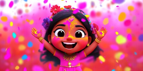 Fototapeta premium 2D animated cartoon holi holiday celebration