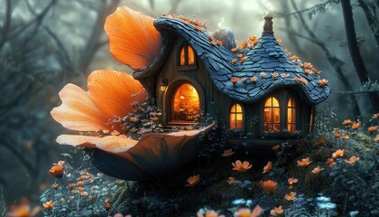 Fototapeta premium Whimsical Flower House with Warm Light in Enchanted Forest Setting