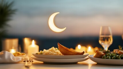 A dinner table with a plate of food and a lit candle