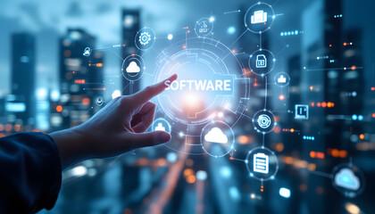 Software Technology Concept, Hand Pointing at Digital Interface, Software Development and Cloud Computing, Digital Network, Modern Software Solutions, Cityscape and Digital Icons