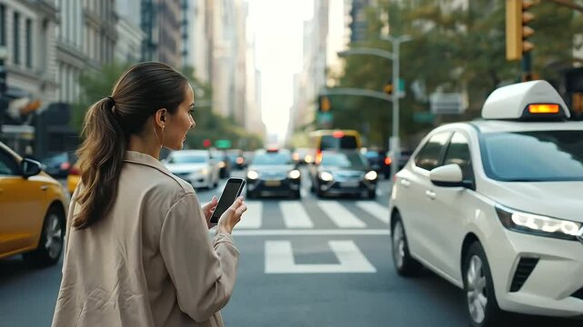 Woman Hailing Rideshare on Busy Urban Street