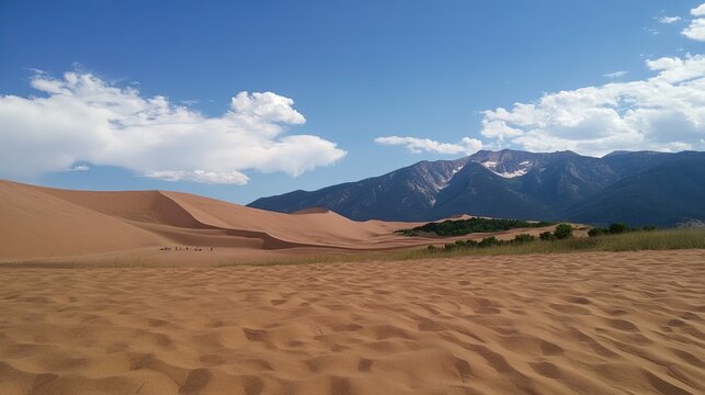 Sand dunes and mountains under a blue sky.