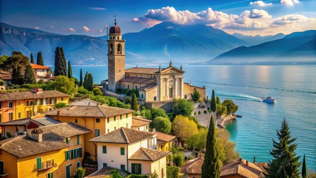 View of Torri Del Benaco on Lake Garda Veneto Italy, church, natural beauty
