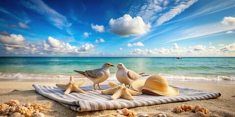 Obraz premium A pair of lovebirds sitting on a beach towel surrounded by seashells and starfish with a clear blue sky above them and a few clouds drifting lazily by , ocean view, sky