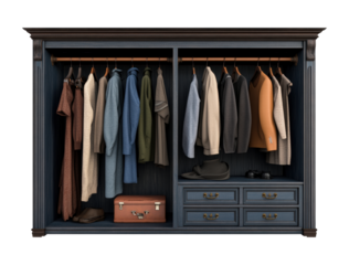 Vintage cupboard with hanging clothes, PNG transparent