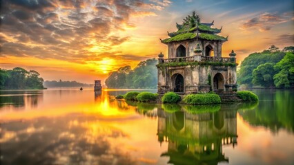 Ancient stone structure with intricate carvings and moss-covered walls surrounded by serene Hanoi lake scenery at sunset , hanoi lake, architecture
