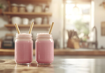 Healthy Smoothies Served in Mason Jars with Bamboo Straws
