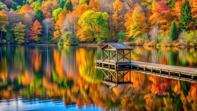 Wooden dock on autumn lake with vibrant foliage and serene water reflections , wooden structure, nature,  wooden structure
