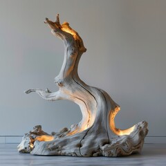 Naklejka premium Captivating Driftwood Sculpture with Flowing Organic Curves and Textured Surfaces Showcasing the Beauty of Natural Materials in Contemporary Art Design