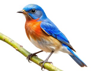 Fototapeta premium Adorable bluebird perched on a branch, isolated against a pure white background, miniature tilt-shift effect.