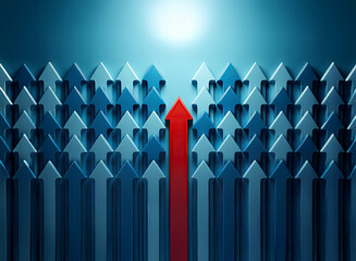 A single red arrow stands out, pointing upward among a multitude of smaller, blue arrows.  It symbolizes leadership, standing out from the crowd, and achieving success.