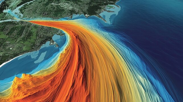 Aerial view of ocean currents flowing from a river into the sea, showing color-coded water depths and flow patterns.
